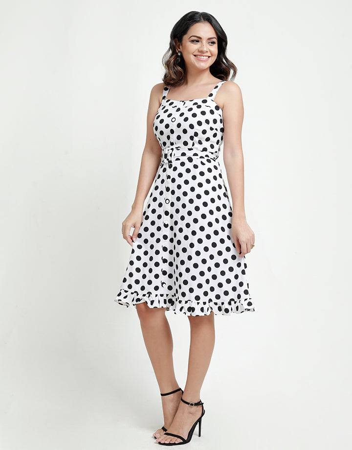 Polka Dotted Strappy Dress with Belt