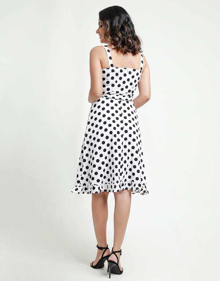 Polka Dotted Strappy Dress with Belt