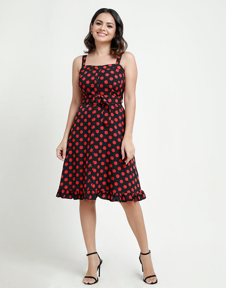 Polka Dotted Strappy Dress with Belt