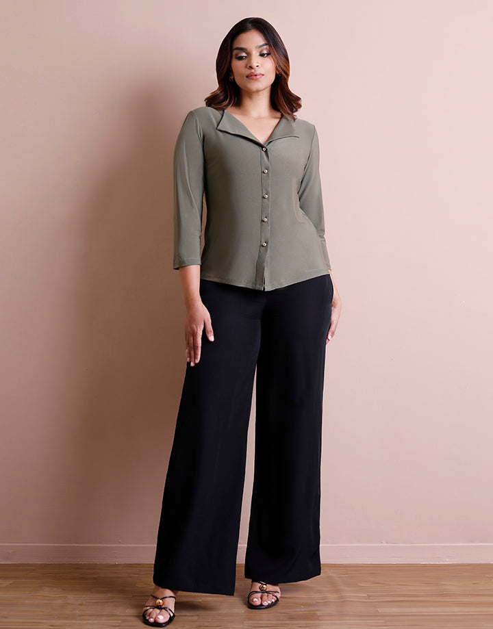 Turn Down Collar Top with 3/4 Sleeve