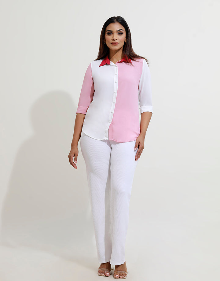 Folded Cuff Sleeves Color Block Blouse