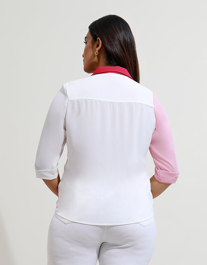 Folded Cuff Sleeves Color Block Blouse