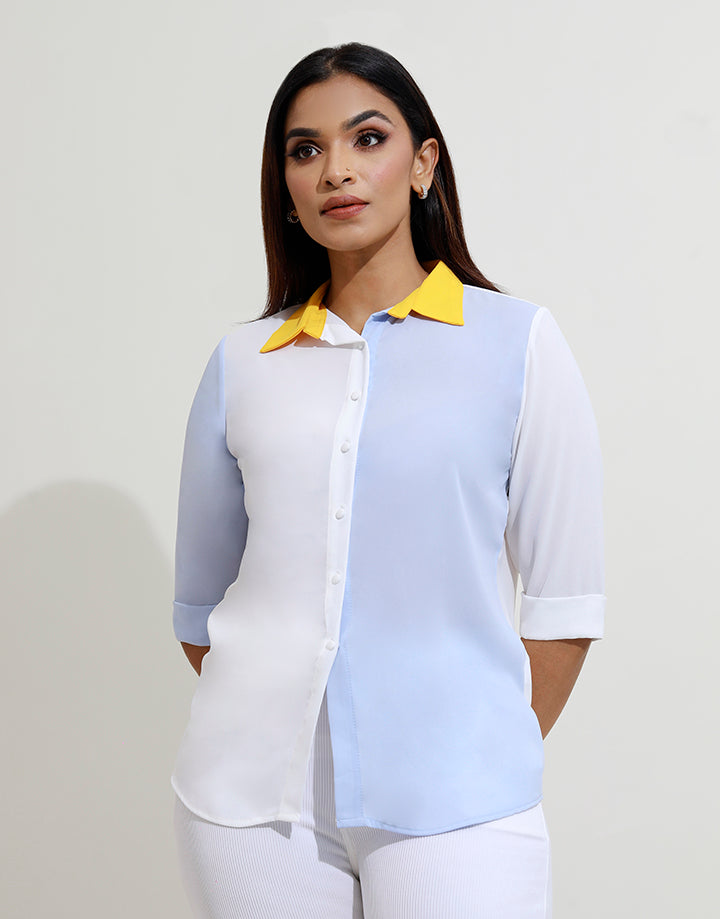 Folded Cuff Sleeves Color Block Blouse
