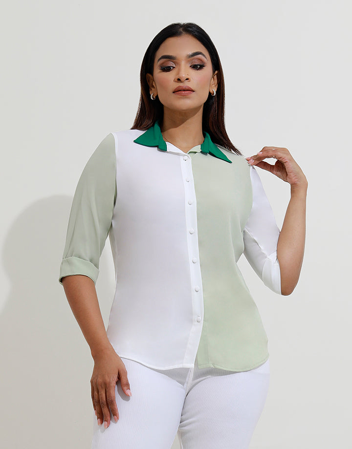 Folded Cuff Sleeves Color Block Blouse