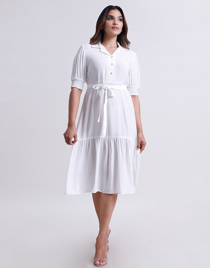 White Cuban Collar Tiered Dress