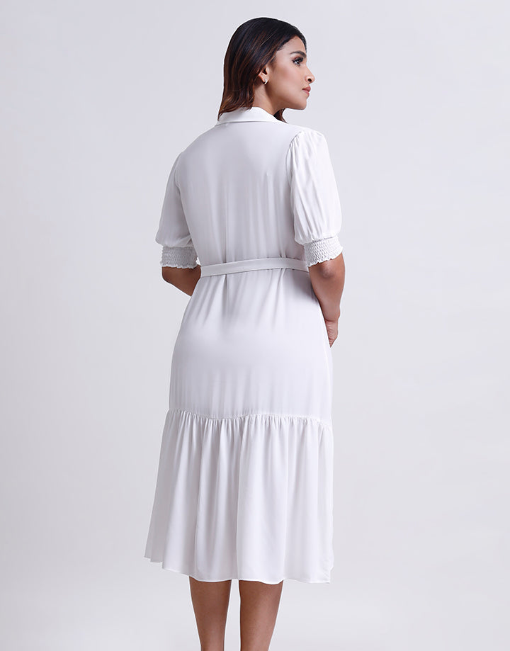 White Cuban Collar Tiered Dress