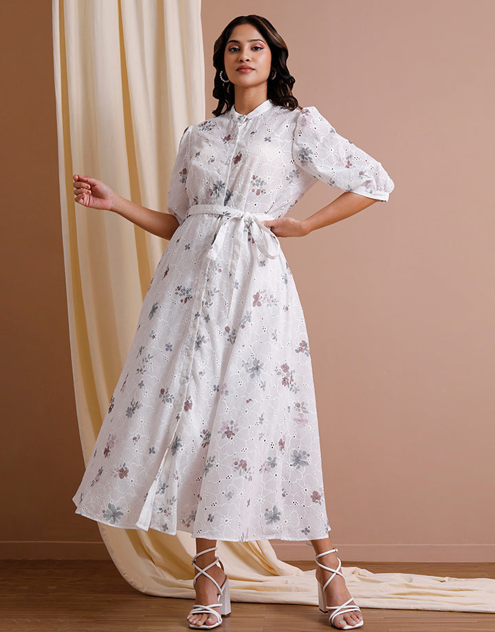 Off White Cut lawn Dress With Belt