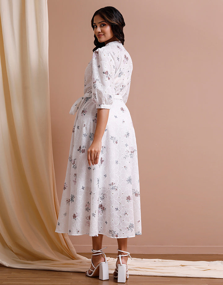 Off White Cut lawn Dress With Belt