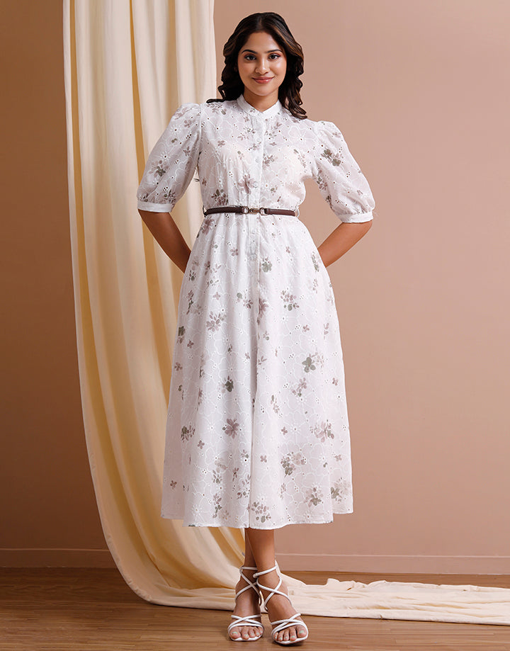 Off White Cut lawn Dress With Belt