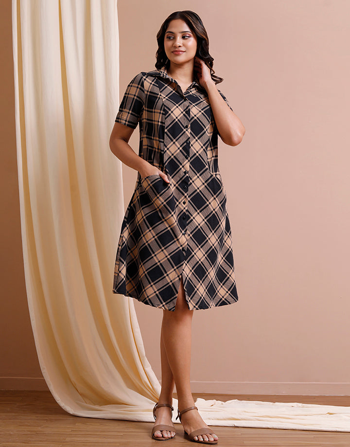 Cheked Shirt Dress with Slant Pocket