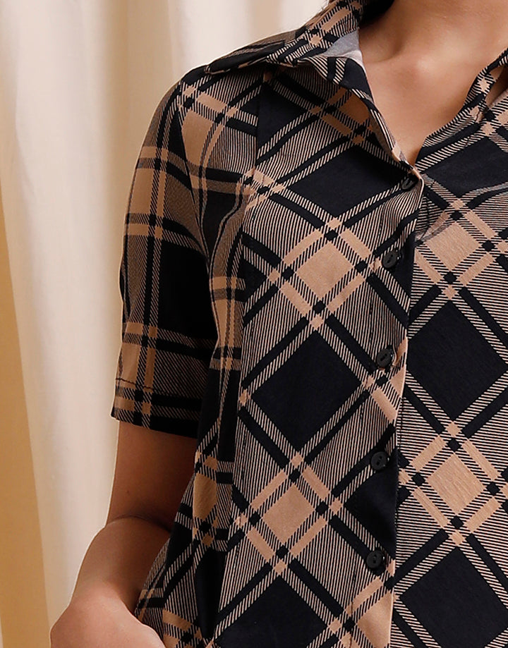 Cheked Shirt Dress with Slant Pocket