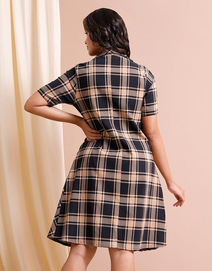 Cheked Shirt Dress with Slant Pocket
