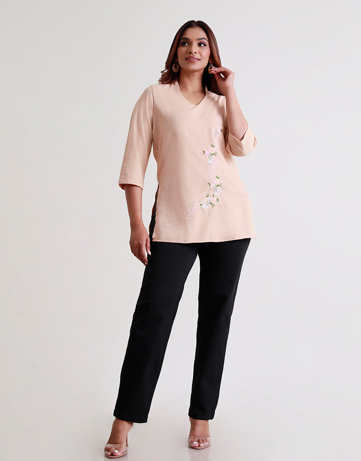 3/4 Sleeve Embroidery Half Collar Top