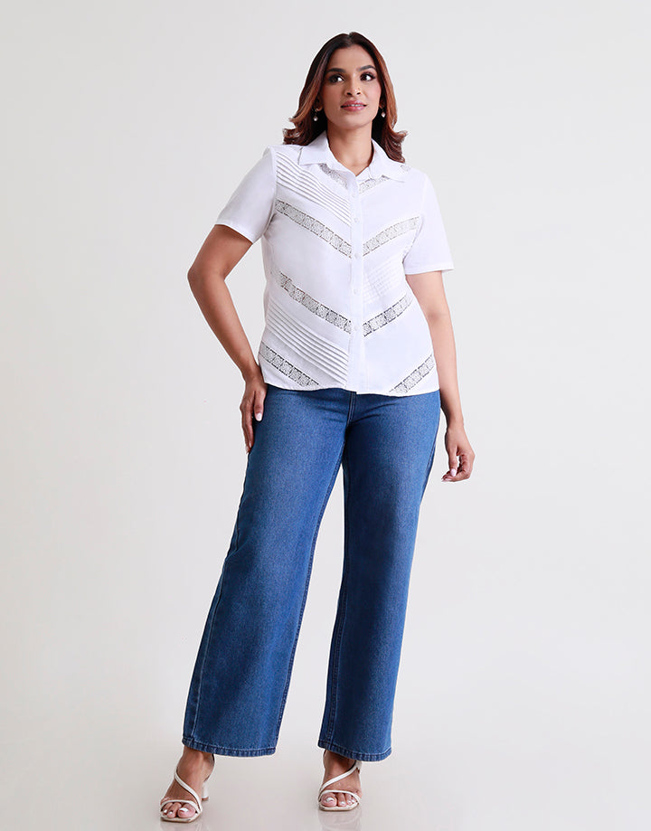 Short Sleeve Pintucks and Lace Blouse