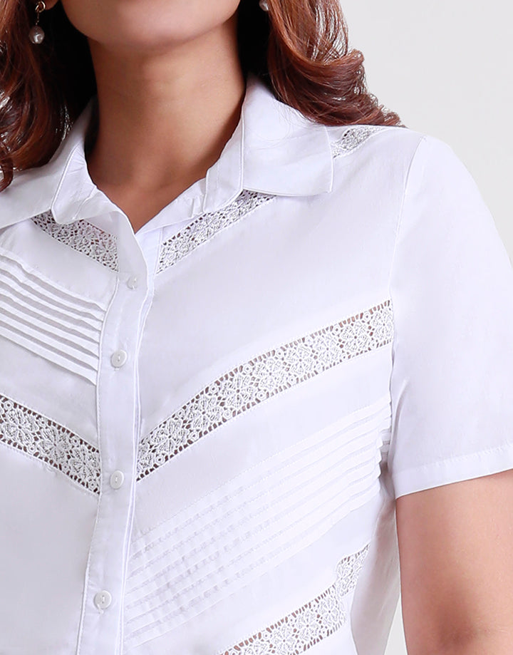 Short Sleeve Pintucks and Lace Blouse