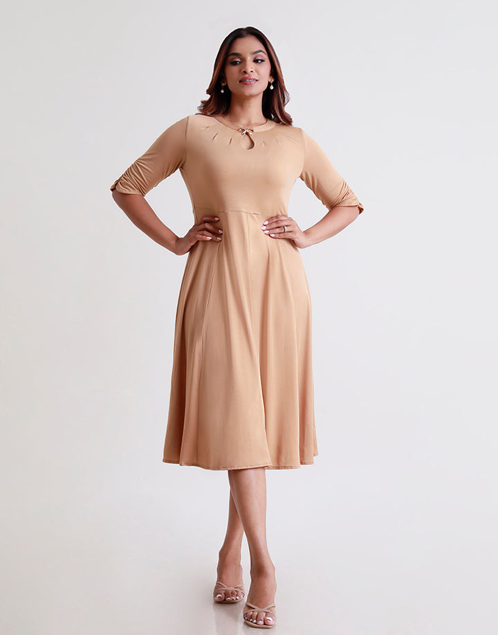 3/4 Sleeve and Neck Pleated Keyhole Dress