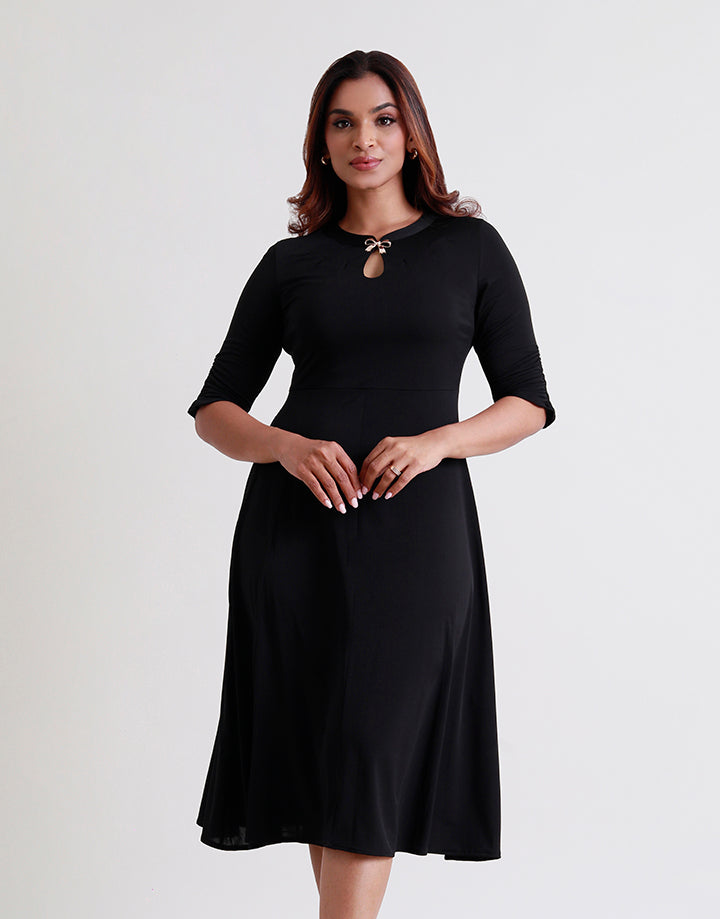 3/4 Sleeve and Neck Pleated Keyhole Dress