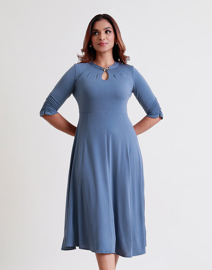 3/4 Sleeve and Neck Pleated Keyhole Dress