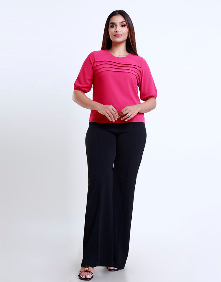 Round Neck Puff Sleeve Pintuck Top