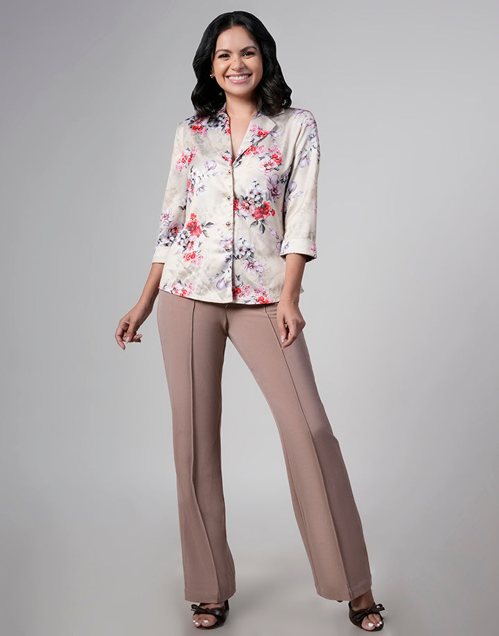 Cuban Collar Button Down Printed Blouse