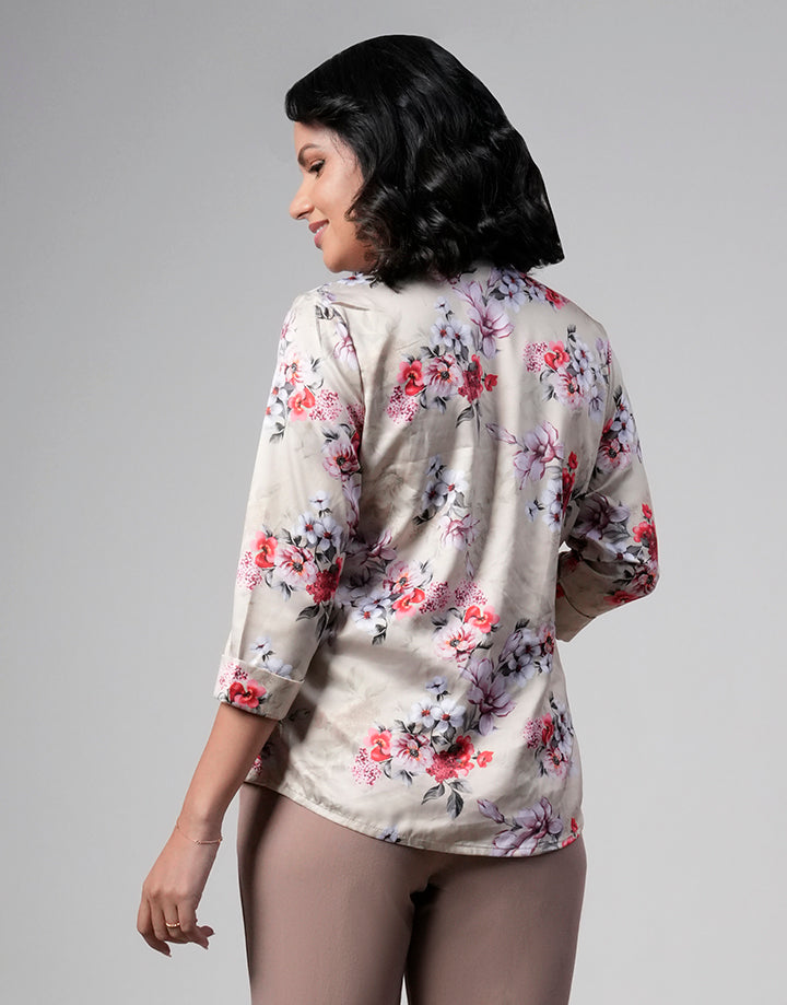 Cuban Collar Button Down Printed Blouse