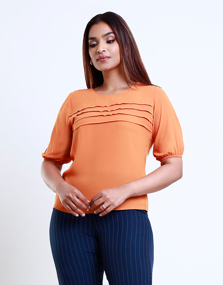 Round Neck Puff Sleeve Pintuck Top