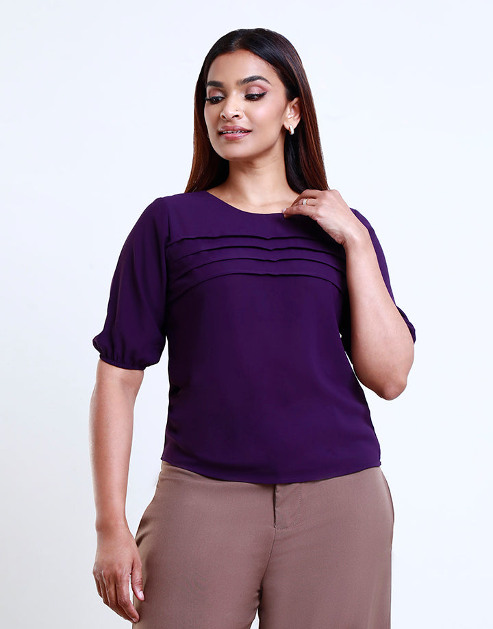 Round Neck Puff Sleeve Pintuck Top