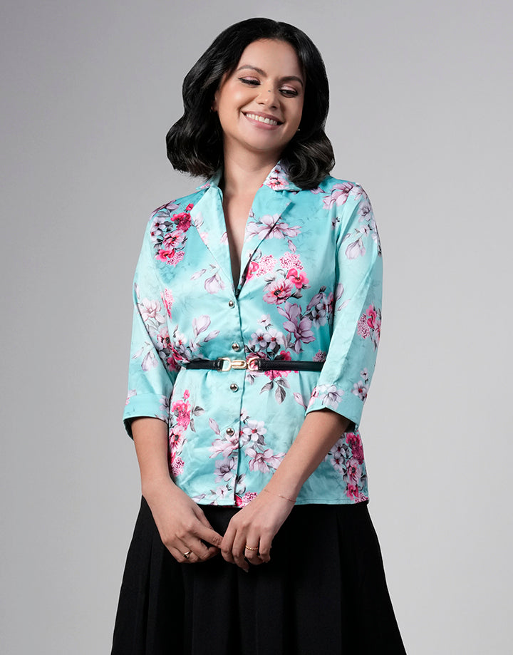 Cuban Collar Button Down Printed Blouse