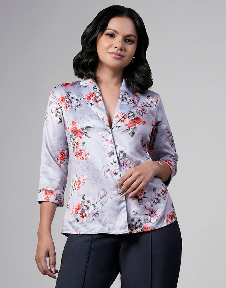 Cuban Collar Button Down Printed Blouse