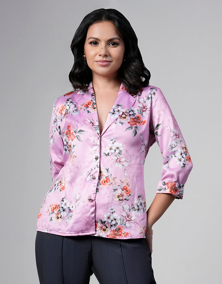 Cuban Collar Button Down Printed Blouse