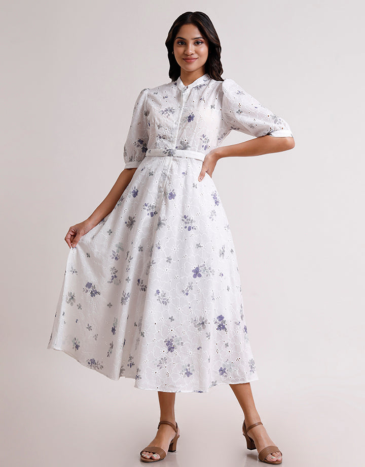 Off White Cut lawn Dress With Belt