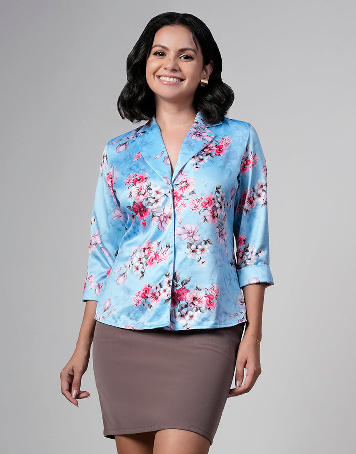 Cuban Collar Button Down Printed Blouse
