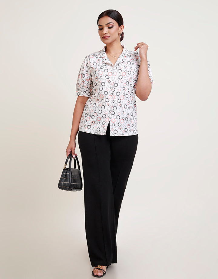 Cuban Collar Puff Sleeve Printed Blouse