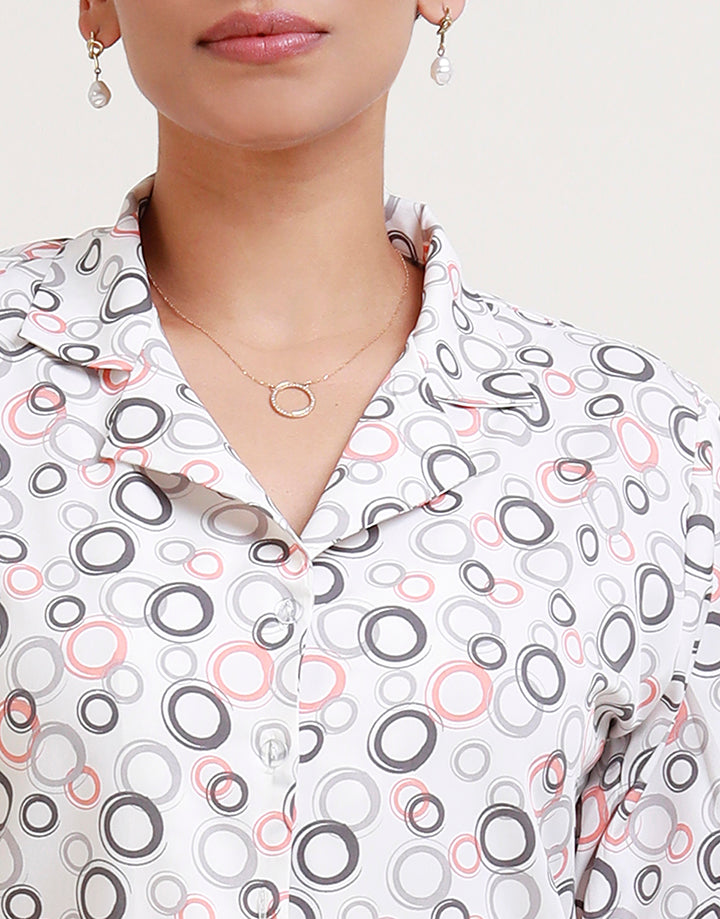 Cuban Collar Puff Sleeve Printed Blouse