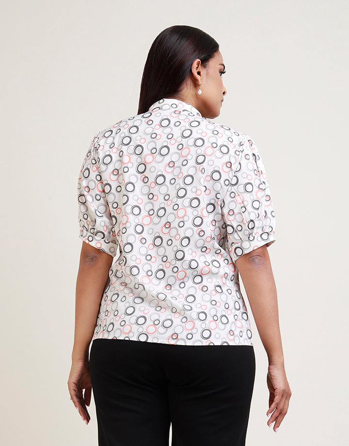 Cuban Collar Puff Sleeve Printed Blouse