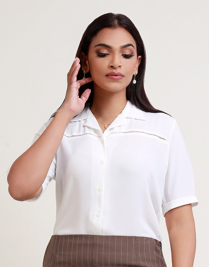 Cuban Collar Ladder Lace Button Down Blouse