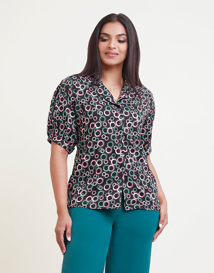 Cuban Collar Puff Sleeve Printed Blouse