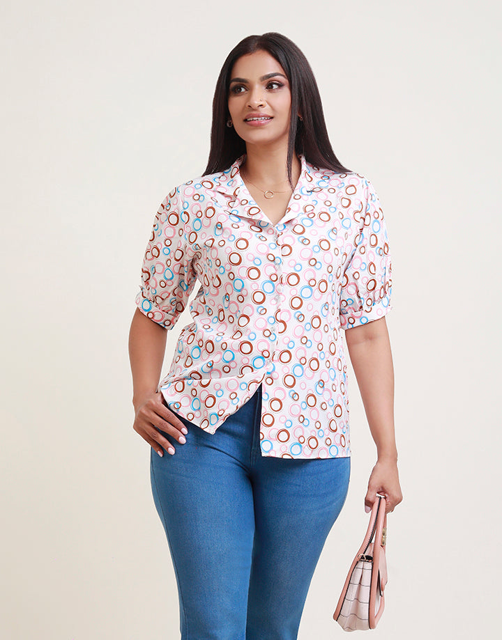 Cuban Collar Puff Sleeve Printed Blouse