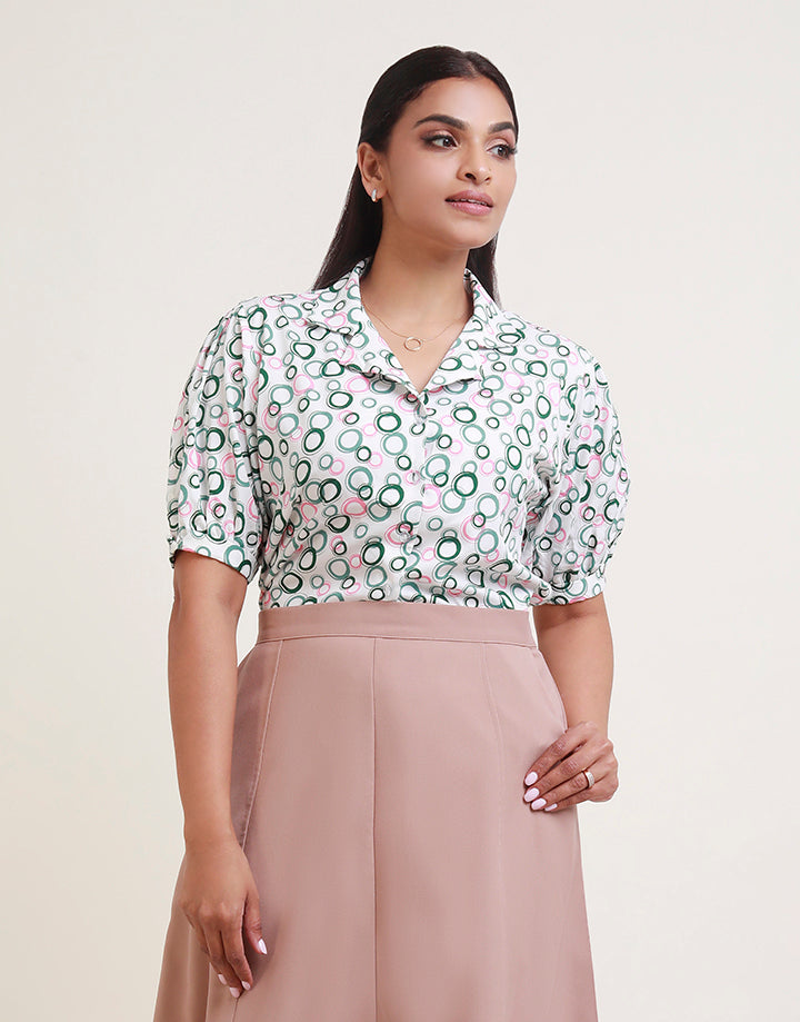 Cuban Collar Puff Sleeve Printed Blouse