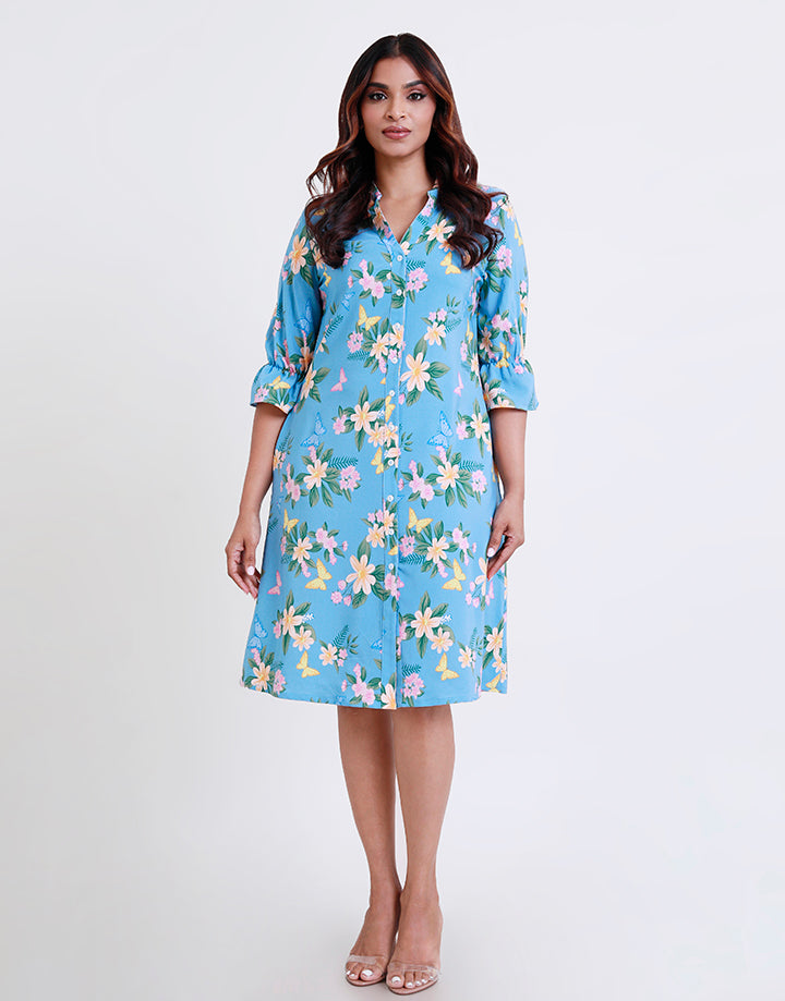 Floral Print Dress with Ruffle Hem Sleeve