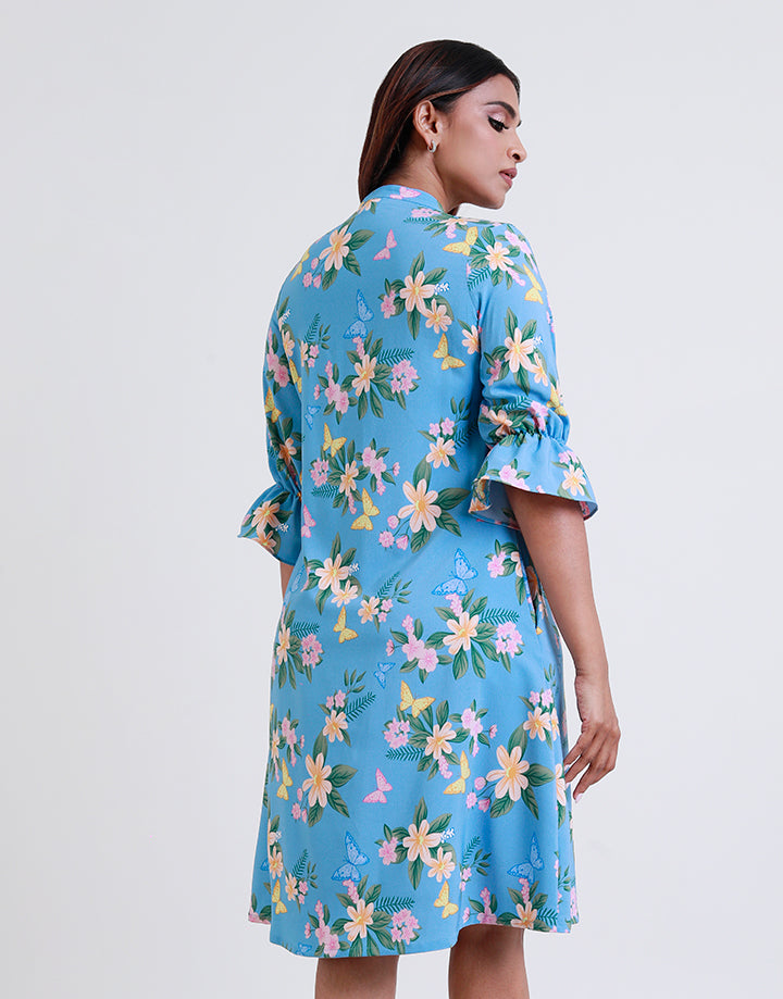 Floral Print Dress with Ruffle Hem Sleeve