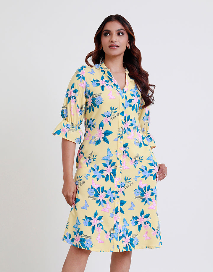 Floral Print Dress with Ruffle Hem Sleeve