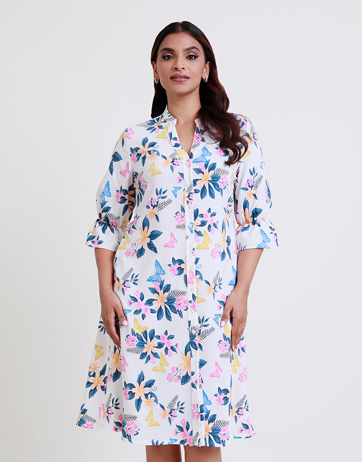 Floral Print Dress with Ruffle Hem Sleeve