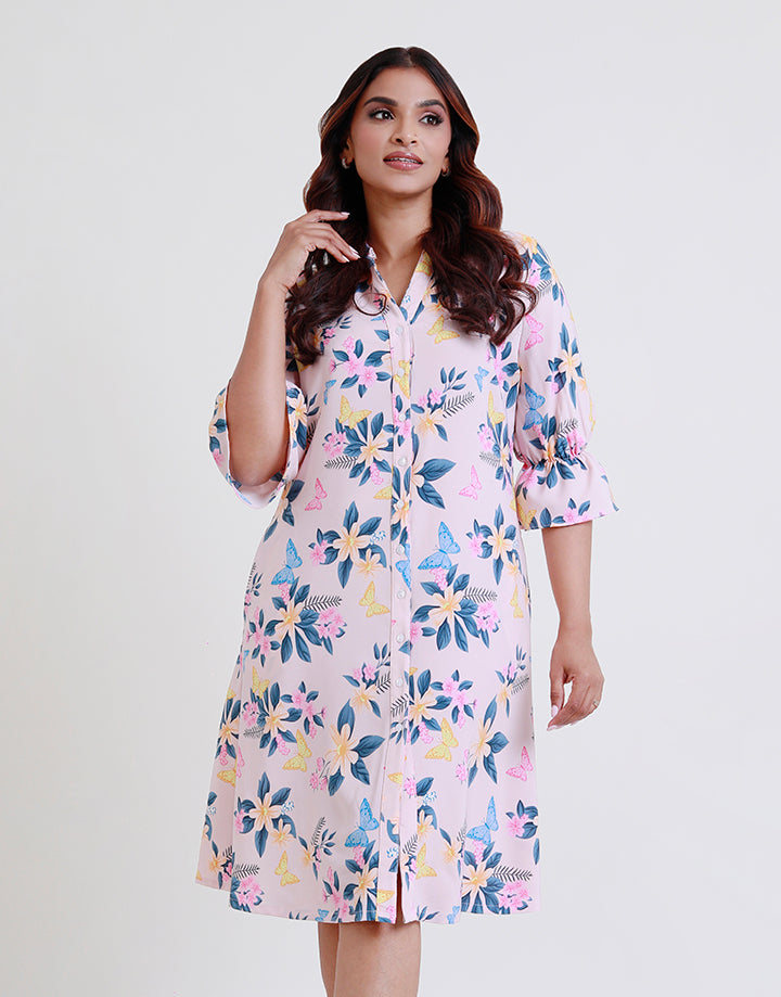 Floral Print Dress with Ruffle Hem Sleeve