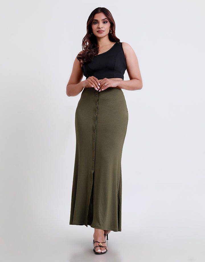 Rib Button Front Long Skirt