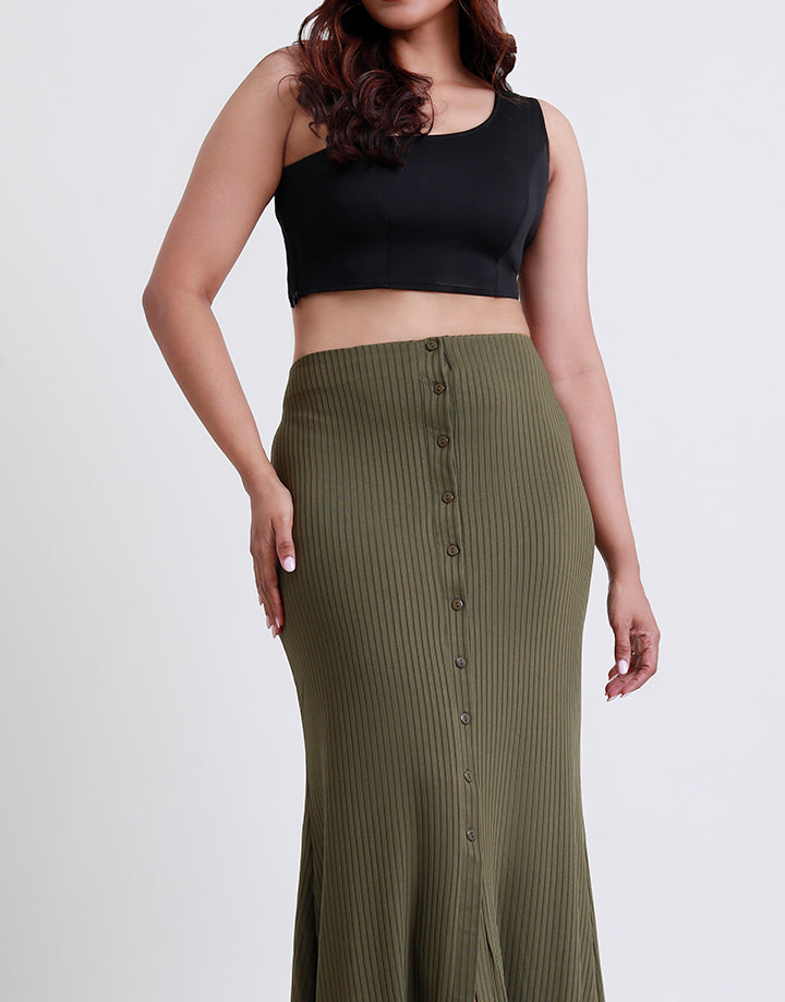Rib Button Front Long Skirt