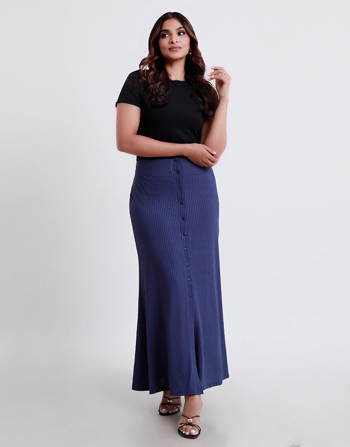 Rib Button Front Long Skirt