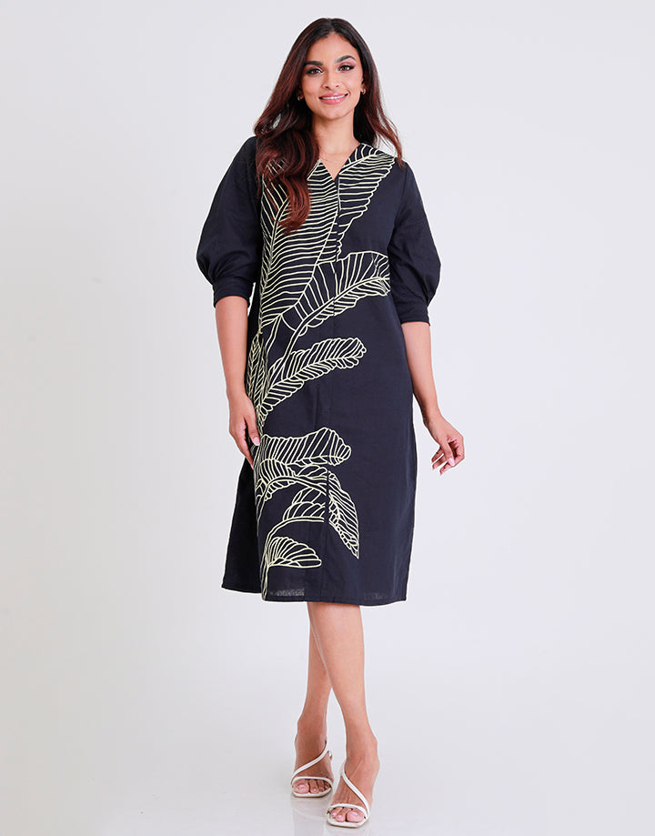 V-Neck Linen Dress with Screen Print