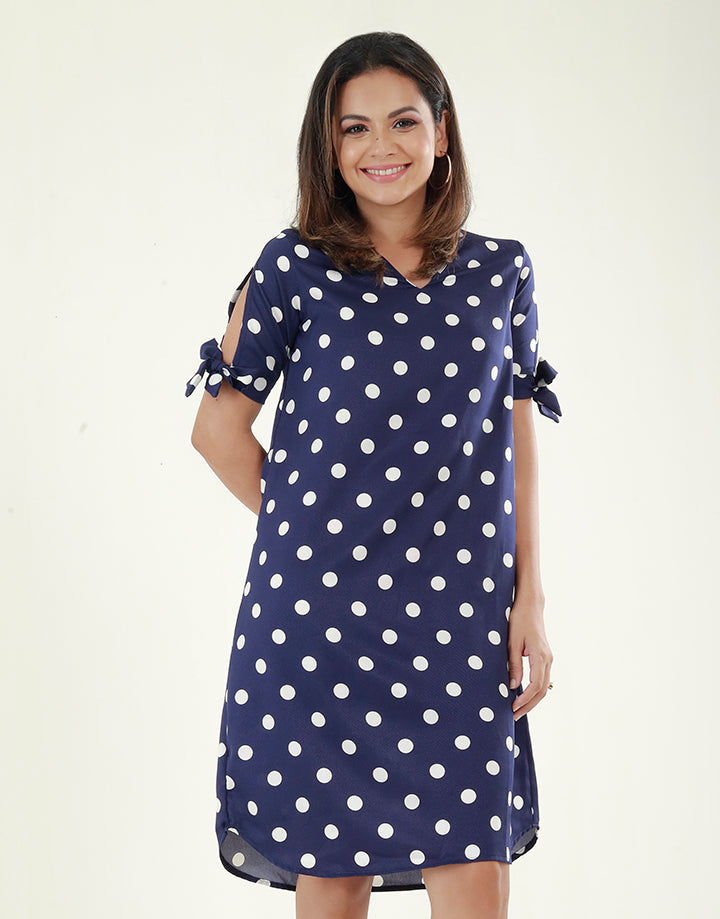 V-Neck Polka Dotted Dress with Knotted Sleeves