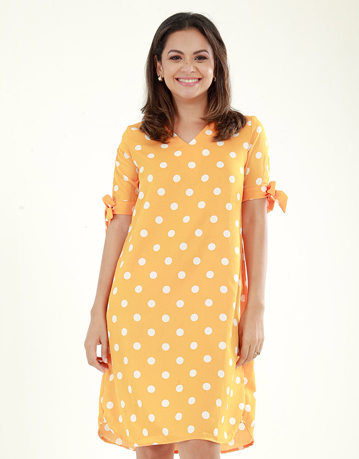V-Neck Polka Dotted Dress with Knotted Sleeves
